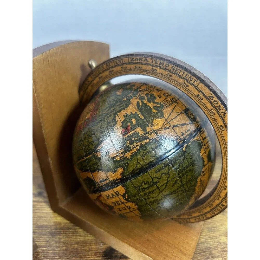 Vintage Italian Globe Bookends Wood Faux Antique Map Library Decor Made in Italy